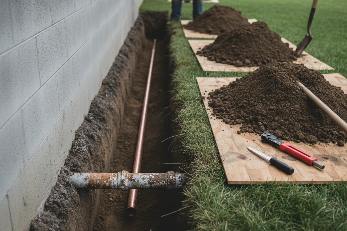 Excavated water line trench during Water Heater Repair in Andrews